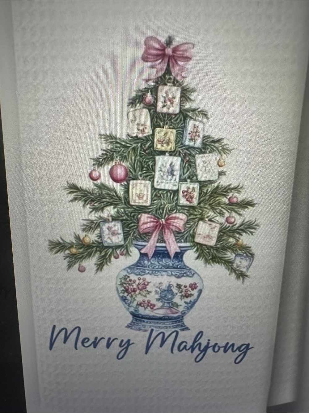 Merry Mahjong Holiday Tea Towel - Blue and Pink Tree Design, New
